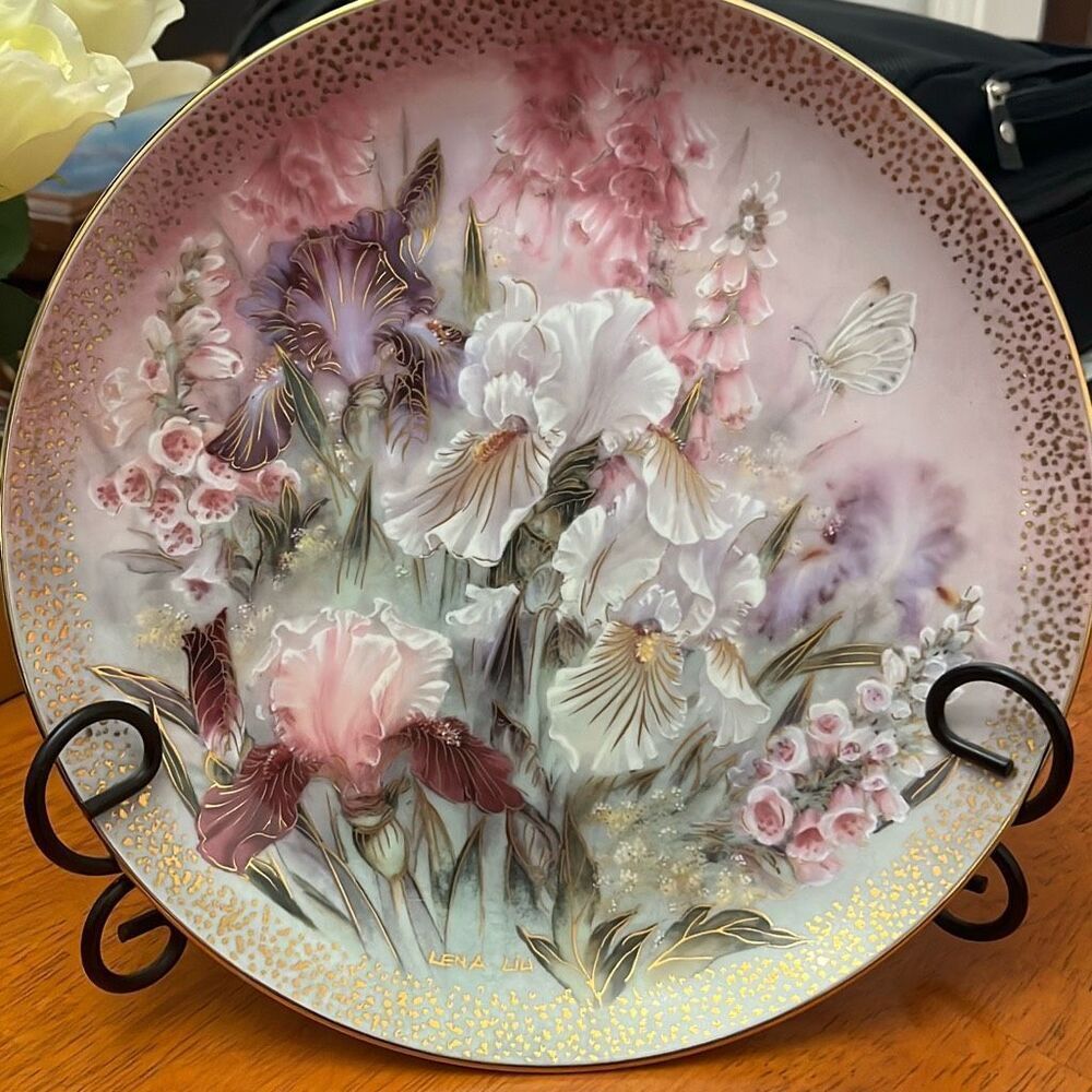 Lena Liu Iris Quartet Display Plate with Iris Flowers, Vintage Bone China